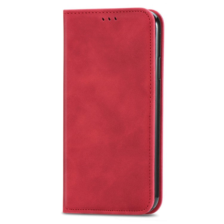 For Motorola Moto G55 5G Case Skin Touch Feeling Card Slot Leather Phone Cover Stand Magnetic Absorption - Red
