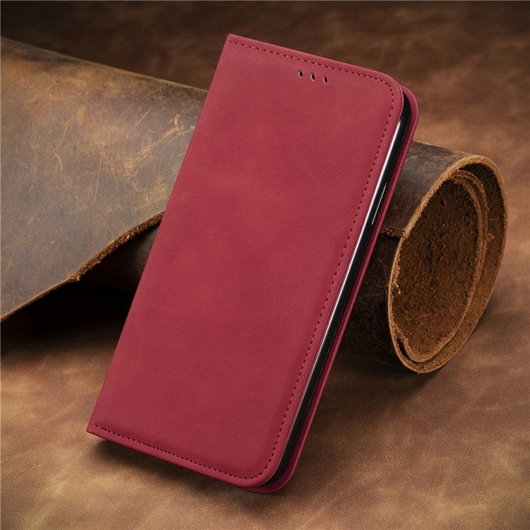 For Motorola Moto G55 5G Case Skin Touch Feeling Card Slot Leather Phone Cover Stand Magnetic Absorption - Red