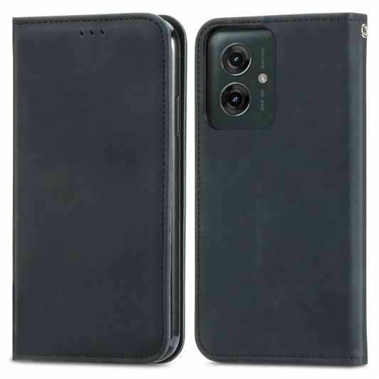 For Motorola Moto G55 5G Case Skin Touch Feeling Card Slot Leather Phone Cover Stand Magnetic Absorption - Black