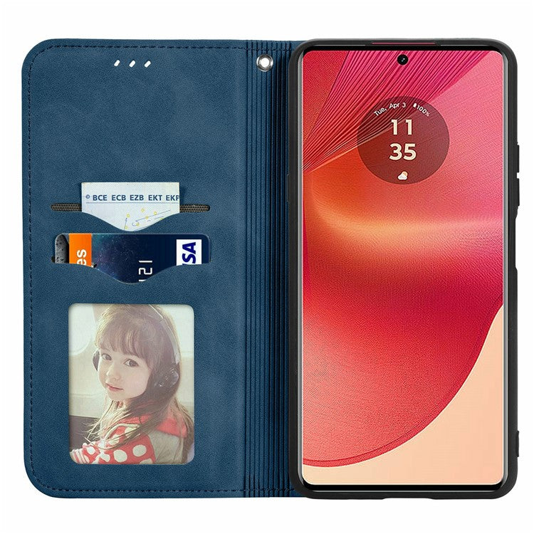 For Motorola Moto G35 5G Case Skin Touch Feeling Card Slot Leather Phone Cover Stand Magnetic Absorption - Dark Blue