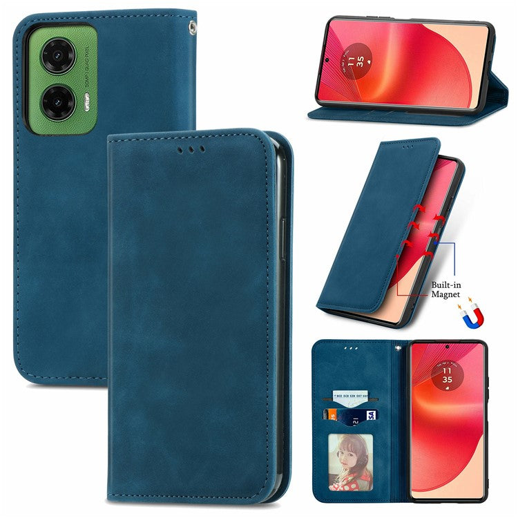 For Motorola Moto G35 5G Case Skin Touch Feeling Card Slot Leather Phone Cover Stand Magnetic Absorption - Dark Blue