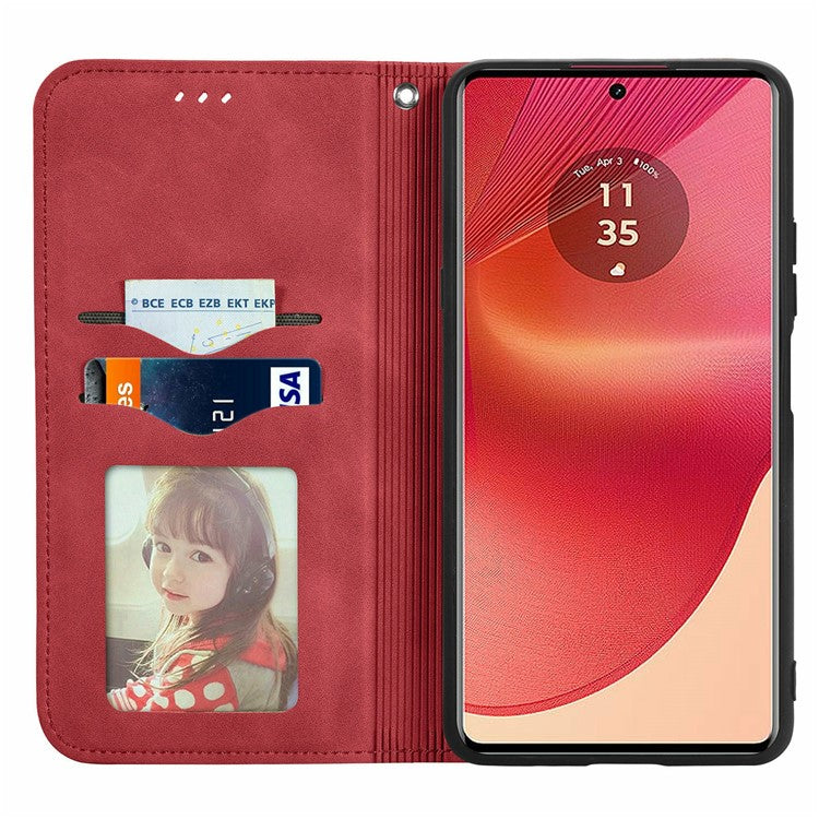 For Motorola Moto G35 5G Case Skin Touch Feeling Card Slot Leather Phone Cover Stand Magnetic Absorption - Red