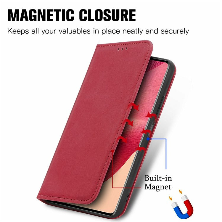 For Motorola Moto G35 5G Case Skin Touch Feeling Card Slot Leather Phone Cover Stand Magnetic Absorption - Red