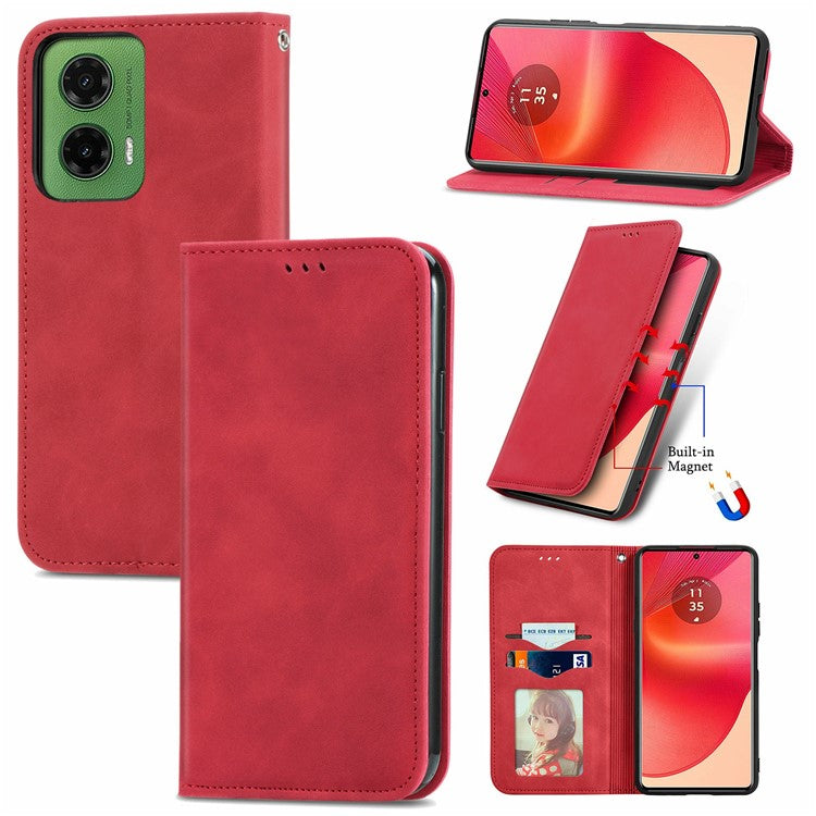For Motorola Moto G35 5G Case Skin Touch Feeling Card Slot Leather Phone Cover Stand Magnetic Absorption - Red