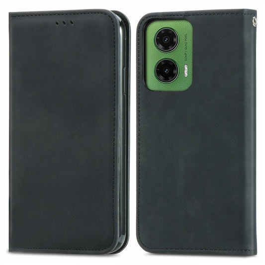 For Motorola Moto G35 5G Case Skin Touch Feeling Card Slot Leather Phone Cover Stand Magnetic Absorption - Black
