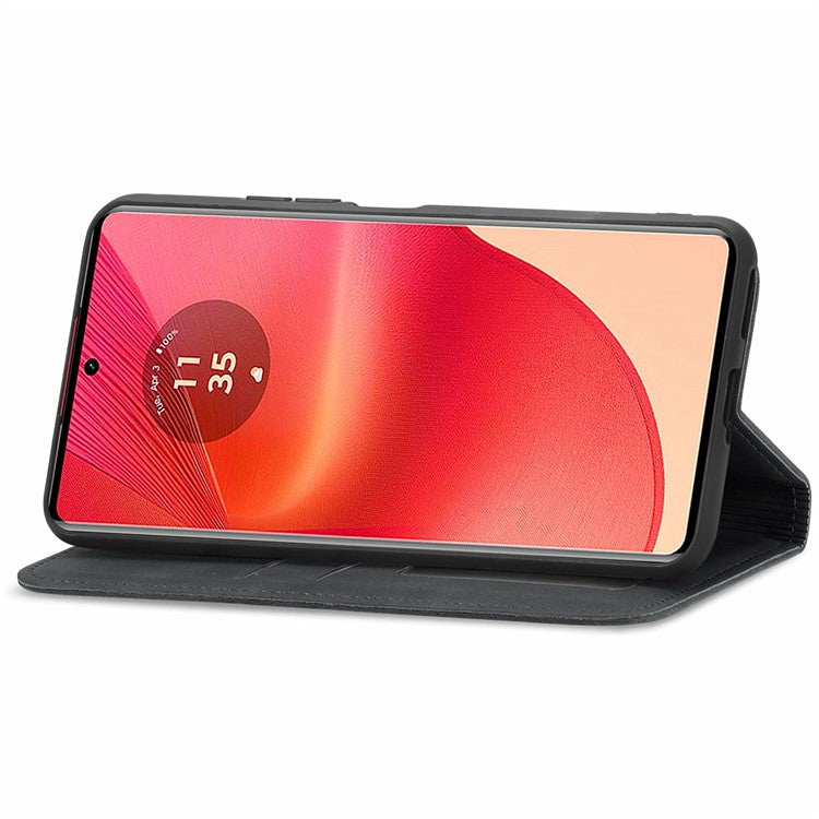 For Motorola Moto G35 5G Case Skin Touch Feeling Card Slot Leather Phone Cover Stand Magnetic Absorption - Black