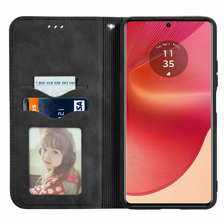 For Motorola Moto G35 5G Case Skin Touch Feeling Card Slot Leather Phone Cover Stand Magnetic Absorption - Black