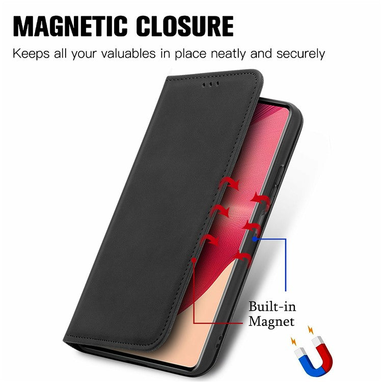 For Motorola Moto G35 5G Case Skin Touch Feeling Card Slot Leather Phone Cover Stand Magnetic Absorption - Black