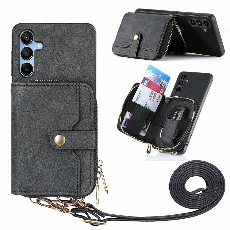 For Samsung Galaxy A16 5G  /  A16 4G Case Zipper Wallet Leather Phone Back Cover Kickstand with Shoulder Strap - Black