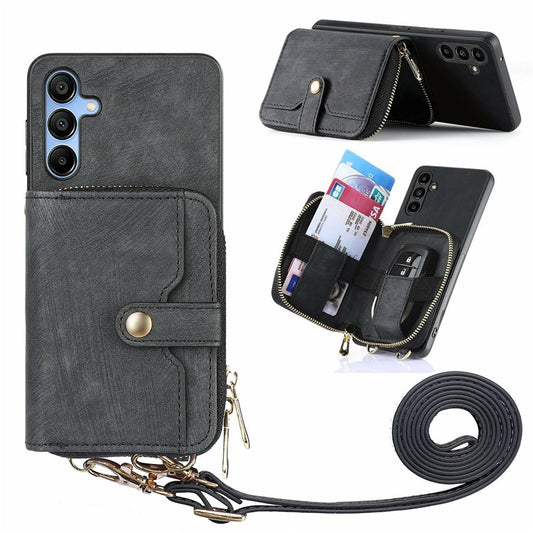 For Samsung Galaxy A16 5G  /  A16 4G Case Zipper Wallet Leather Phone Back Cover Kickstand with Shoulder Strap - Black