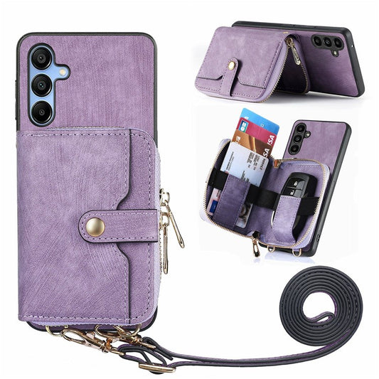 For Samsung Galaxy A16 5G  /  A16 4G Case Zipper Wallet Leather Phone Back Cover Kickstand with Shoulder Strap - Purple