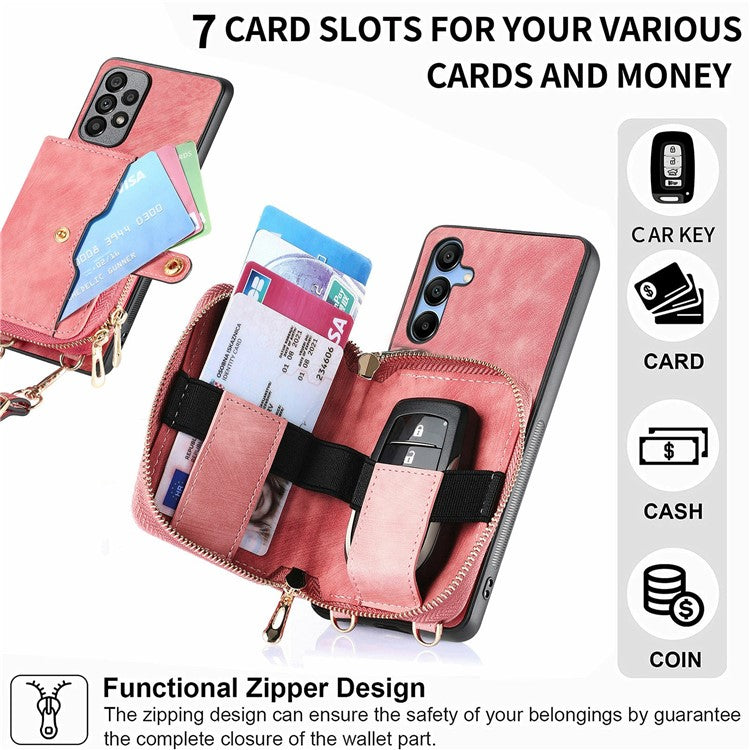 For Samsung Galaxy A16 5G  /  A16 4G Case Zipper Wallet Leather Phone Back Cover Kickstand with Shoulder Strap - Purple