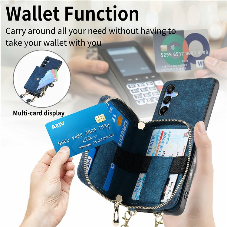 For Samsung Galaxy A16 5G  /  A16 4G Case Zipper Wallet Leather Phone Back Cover Kickstand with Shoulder Strap - Purple