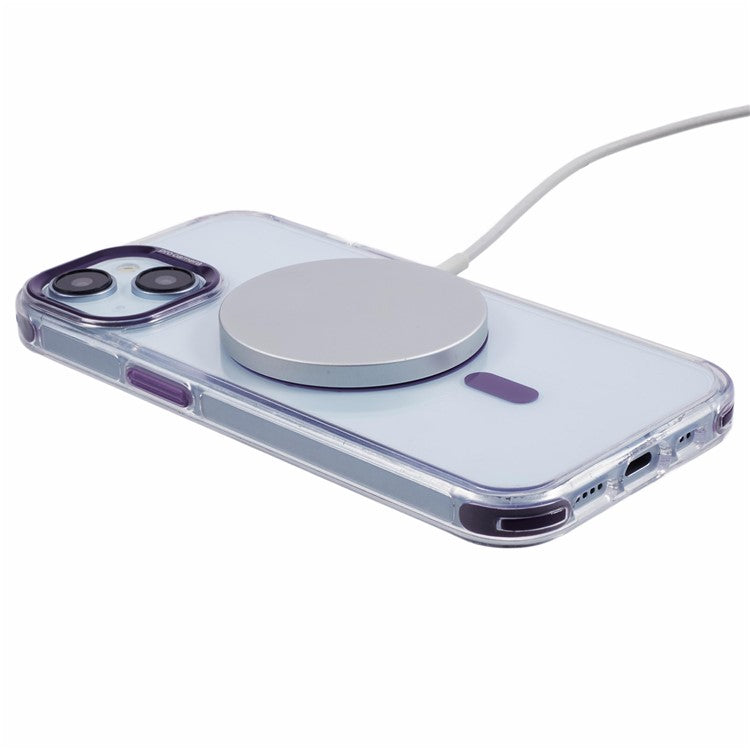 For iPhone 14 Clear Case Compatible with MagSafe Four Corners Anti-Drop PC+TPU Phone Cover - Purple