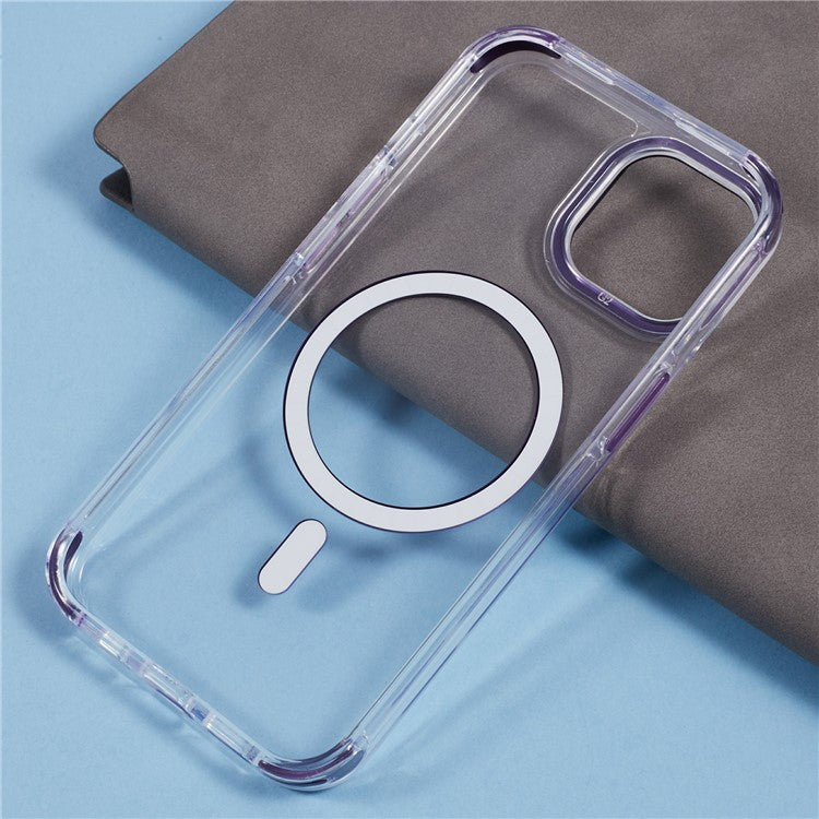 For iPhone 14 Clear Case Compatible with MagSafe Four Corners Anti-Drop PC+TPU Phone Cover - Purple
