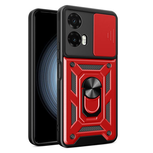 For Motorola Moto G35 5G Case with Slide Camera Lid PC+TPU Kickstand Phone Cover - Red
