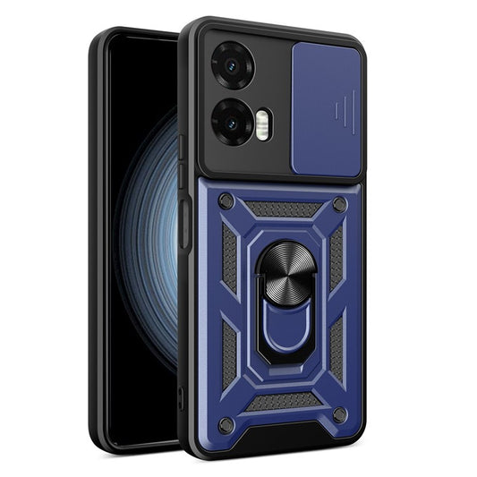For Motorola Moto G35 5G Case with Slide Camera Lid PC+TPU Kickstand Phone Cover - Blue