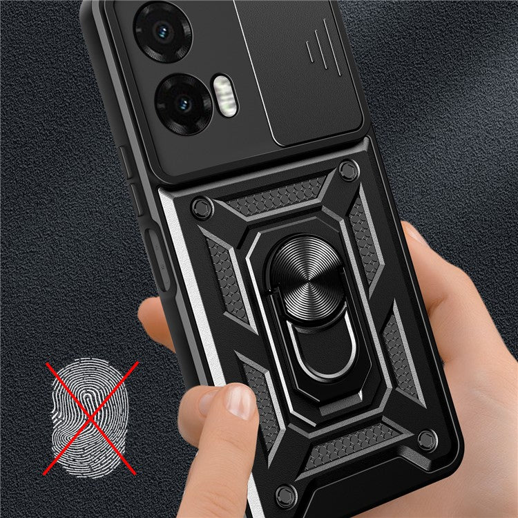 For Motorola Moto G35 5G Case with Slide Camera Lid PC+TPU Kickstand Phone Cover - Blue