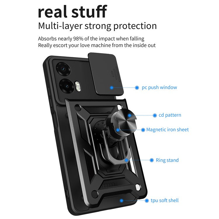 For Motorola Moto G35 5G Case with Slide Camera Lid PC+TPU Kickstand Phone Cover - Blue