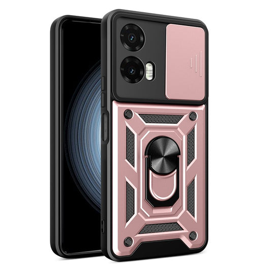 For Motorola Moto G35 5G Case with Slide Camera Lid PC+TPU Kickstand Phone Cover - Rose Gold