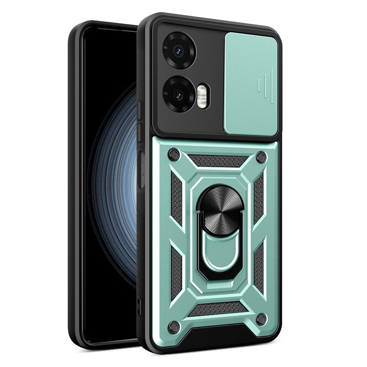 For Motorola Moto G35 5G Case with Slide Camera Lid PC+TPU Kickstand Phone Cover - Green