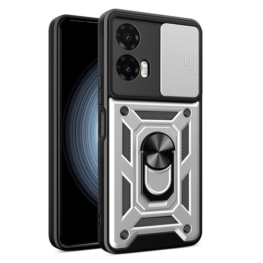 For Motorola Moto G35 5G Case with Slide Camera Lid PC+TPU Kickstand Phone Cover - Silver