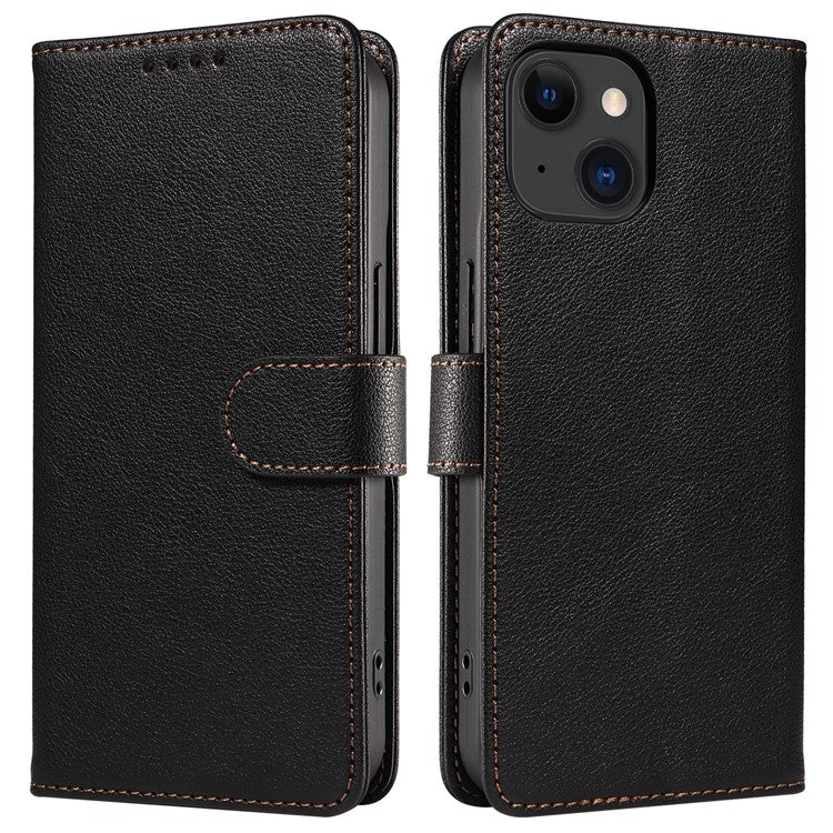 For iPhone 14 Leather Case Litchi Texture RFID Blocking Wallet Stand Phone Cover - Black