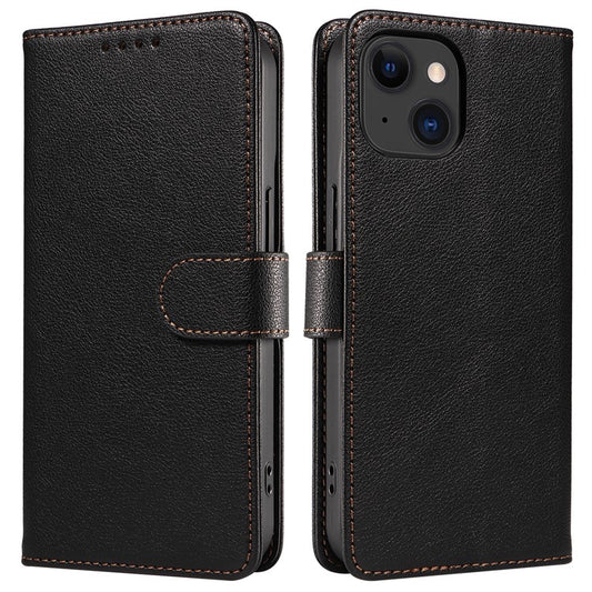 For iPhone 14 Leather Case Litchi Texture RFID Blocking Wallet Stand Phone Cover - Black
