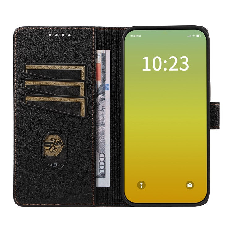For iPhone 14 Leather Case Litchi Texture RFID Blocking Wallet Stand Phone Cover - Black