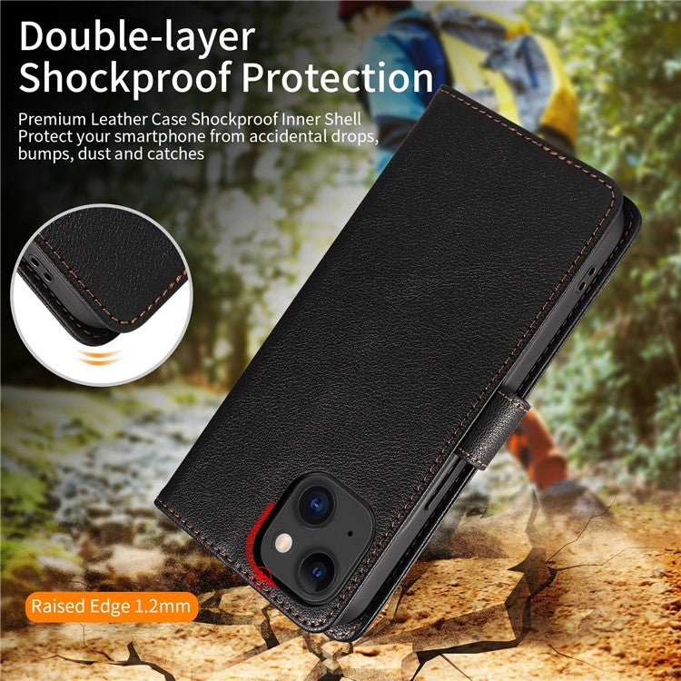 For iPhone 14 Leather Case Litchi Texture RFID Blocking Wallet Stand Phone Cover - Black