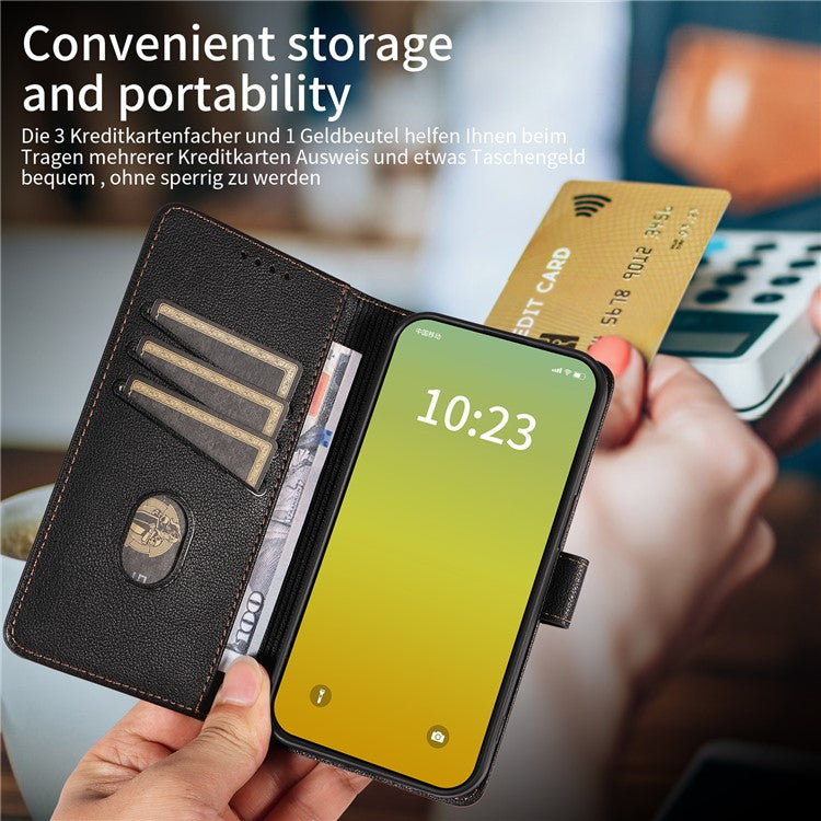 For iPhone 14 Leather Case Litchi Texture RFID Blocking Wallet Stand Phone Cover - Black
