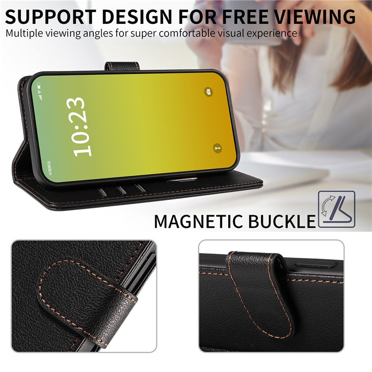 For iPhone 14 Leather Case Litchi Texture RFID Blocking Wallet Stand Phone Cover - Black