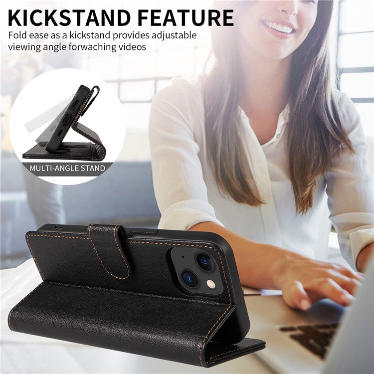 For iPhone 14 Leather Case Litchi Texture RFID Blocking Wallet Stand Phone Cover - Black