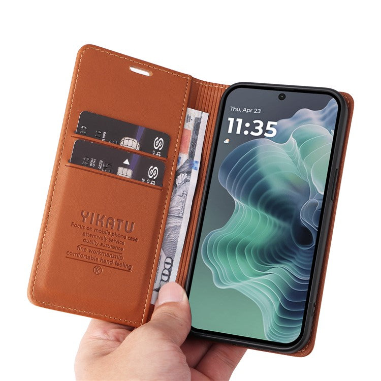 YIKATU YK-001 For Motorola Moto G35 5G Case Stand Leather Phone Cover Strong Magnetic Closure - Brown