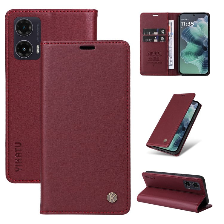 YIKATU YK-001 For Motorola Moto G35 5G Case Stand Leather Phone Cover Strong Magnetic Closure - Wine Red