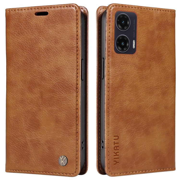 YIKATU YK-006 For Motorola Moto G35 5G Case Card Slots Magnetic Closure Leather Phone Cover Litchi Texture - Brown