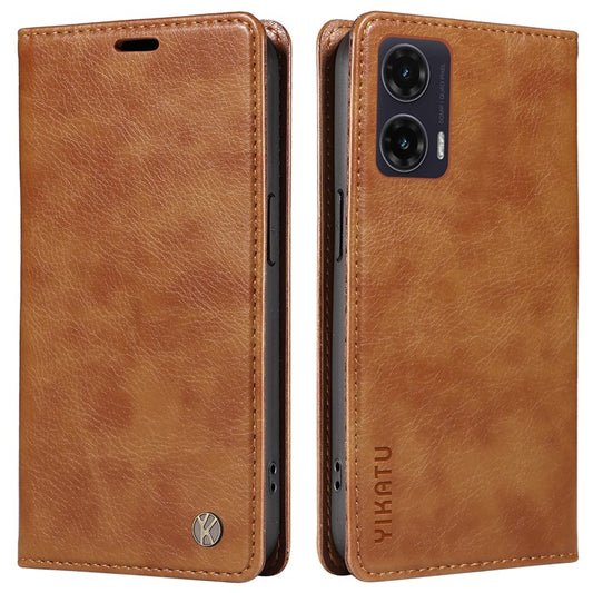 YIKATU YK-006 For Motorola Moto G35 5G Case Card Slots Magnetic Closure Leather Phone Cover Litchi Texture - Brown