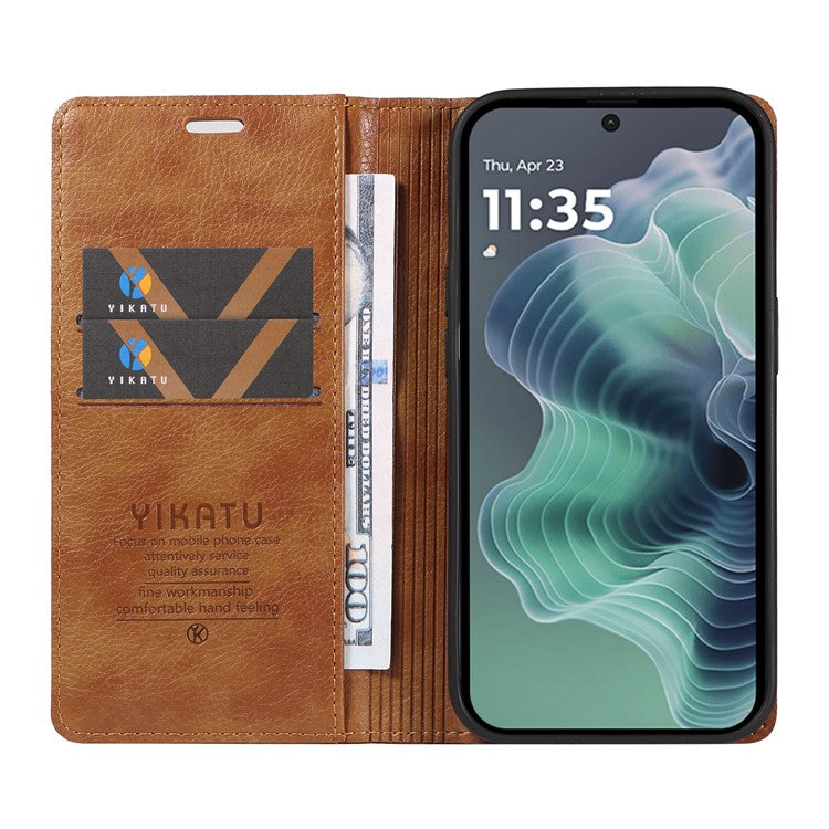 YIKATU YK-006 For Motorola Moto G35 5G Case Card Slots Magnetic Closure Leather Phone Cover Litchi Texture - Brown