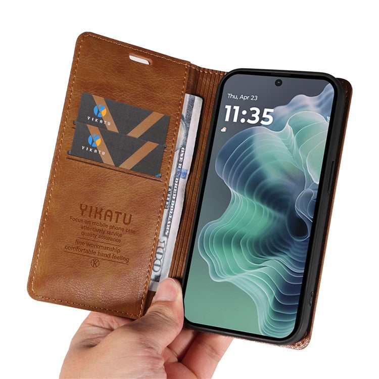YIKATU YK-006 For Motorola Moto G35 5G Case Card Slots Magnetic Closure Leather Phone Cover Litchi Texture - Brown
