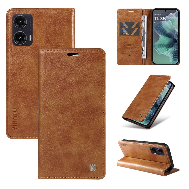 YIKATU YK-006 For Motorola Moto G35 5G Case Card Slots Magnetic Closure Leather Phone Cover Litchi Texture - Brown