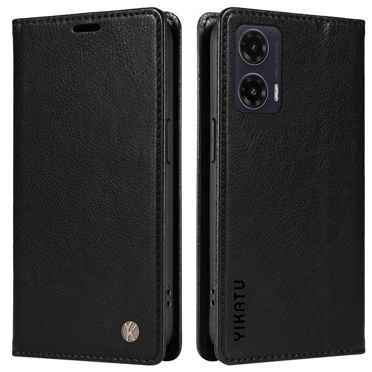 YIKATU YK-006 For Motorola Moto G35 5G Case Card Slots Magnetic Closure Leather Phone Cover Litchi Texture - Black