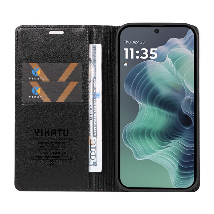 YIKATU YK-006 For Motorola Moto G35 5G Case Card Slots Magnetic Closure Leather Phone Cover Litchi Texture - Black