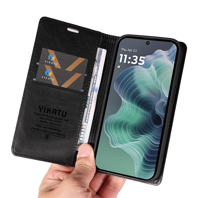 YIKATU YK-006 For Motorola Moto G35 5G Case Card Slots Magnetic Closure Leather Phone Cover Litchi Texture - Black