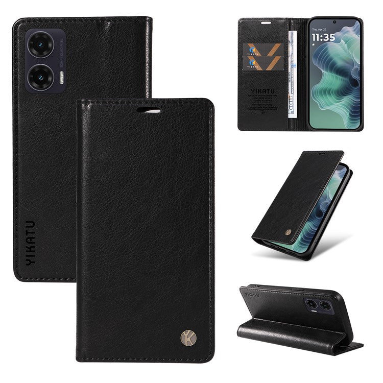 YIKATU YK-006 For Motorola Moto G35 5G Case Card Slots Magnetic Closure Leather Phone Cover Litchi Texture - Black