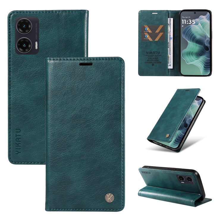 YIKATU YK-006 For Motorola Moto G35 5G Case Card Slots Magnetic Closure Leather Phone Cover Litchi Texture - Blue