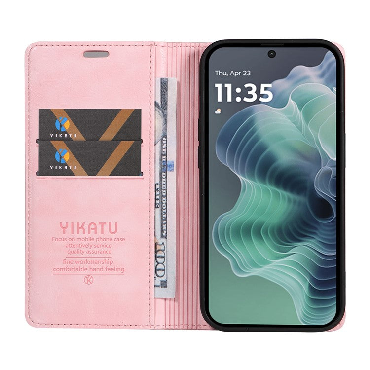 YIKATU YK-006 For Motorola Moto G35 5G Case Card Slots Magnetic Closure Leather Phone Cover Litchi Texture - Pink