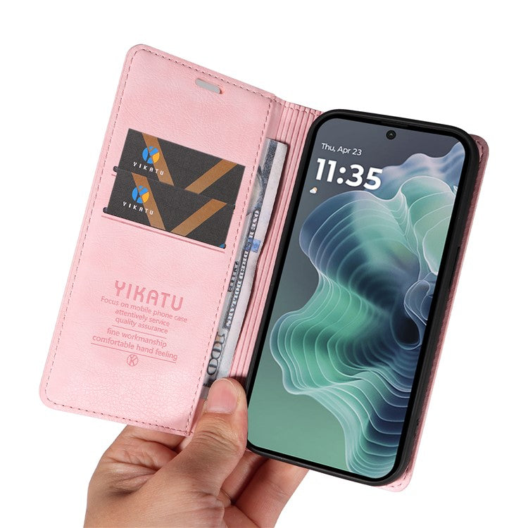 YIKATU YK-006 For Motorola Moto G35 5G Case Card Slots Magnetic Closure Leather Phone Cover Litchi Texture - Pink