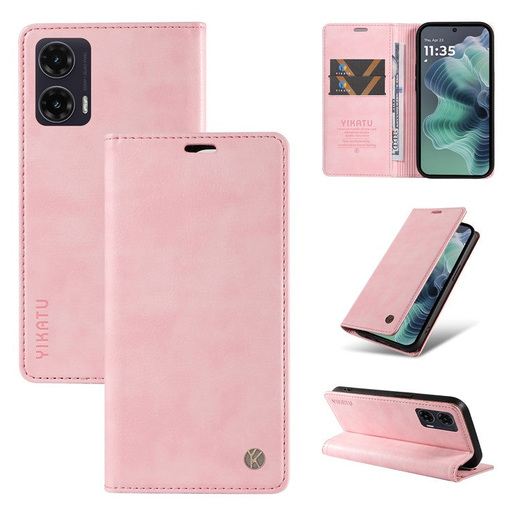 YIKATU YK-006 For Motorola Moto G35 5G Case Card Slots Magnetic Closure Leather Phone Cover Litchi Texture - Pink