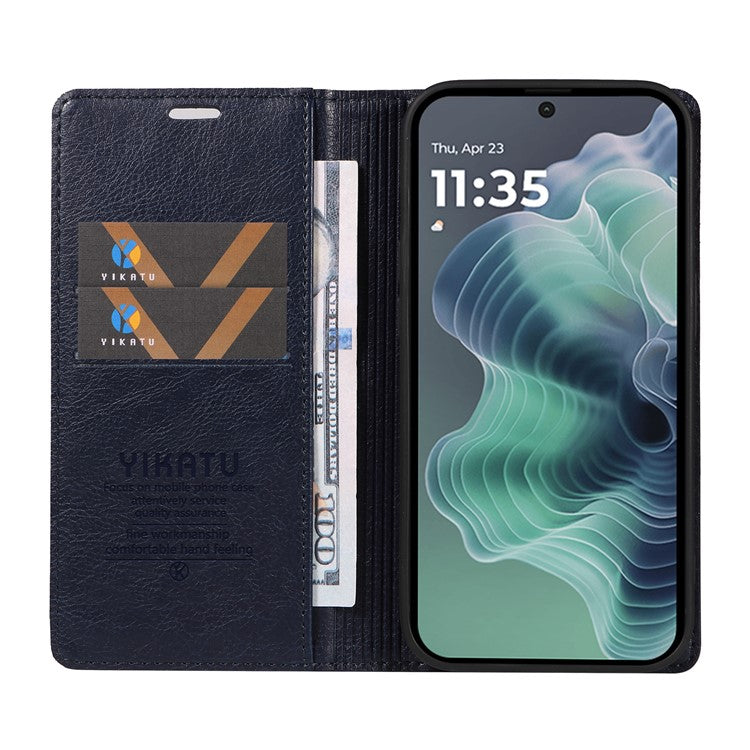 YIKATU YK-006 For Motorola Moto G35 5G Case Card Slots Magnetic Closure Leather Phone Cover Litchi Texture - Navy Blue