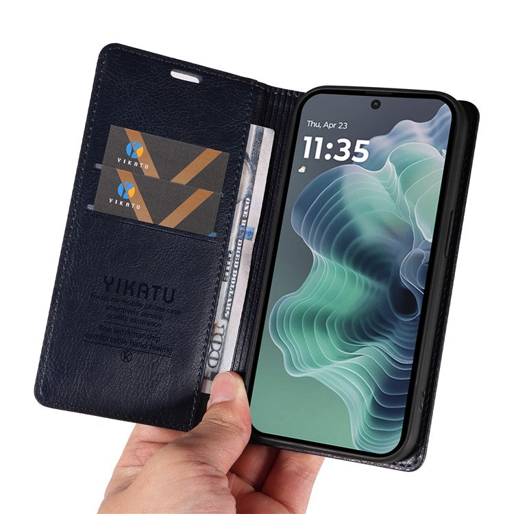 YIKATU YK-006 For Motorola Moto G35 5G Case Card Slots Magnetic Closure Leather Phone Cover Litchi Texture - Navy Blue